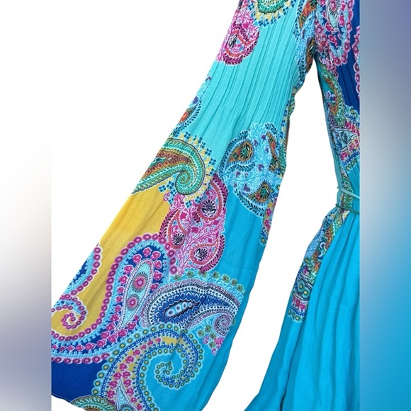 Women’s Paisley Blue Blouse Bell Sleeves W/ Tie Size Small Boho Hippie Festival - Picture 3 of 7